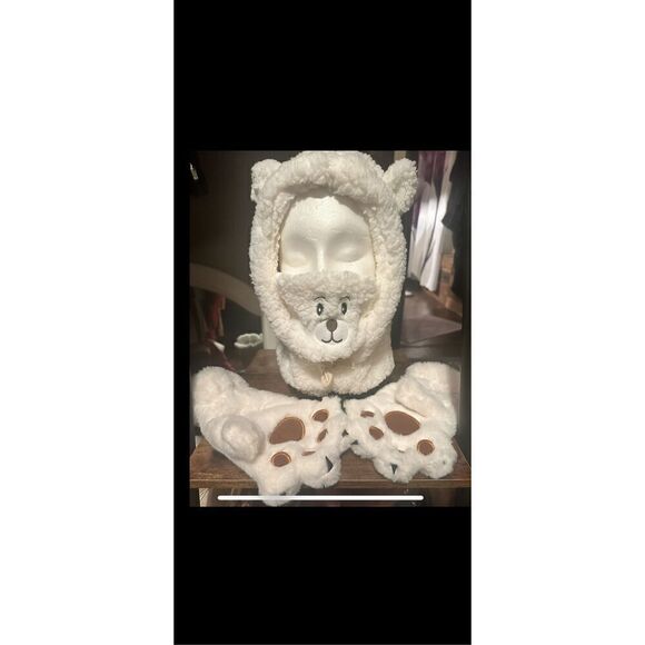 🔥Fluffy hooded,Hat and Glove set.Can be worn several ways, gloves have attachab - Picture 3 of 15